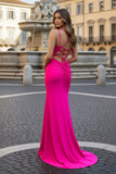 Hot Pink Spaghetti Straps Lace-Up Trumpet Long Formal Dress