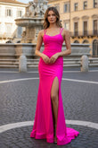 Hot Pink Spaghetti Straps Lace-Up Trumpet Long Formal Dress