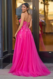 A-Line Hot Pink Tulle Lace Sweetheart Long Prom Dress