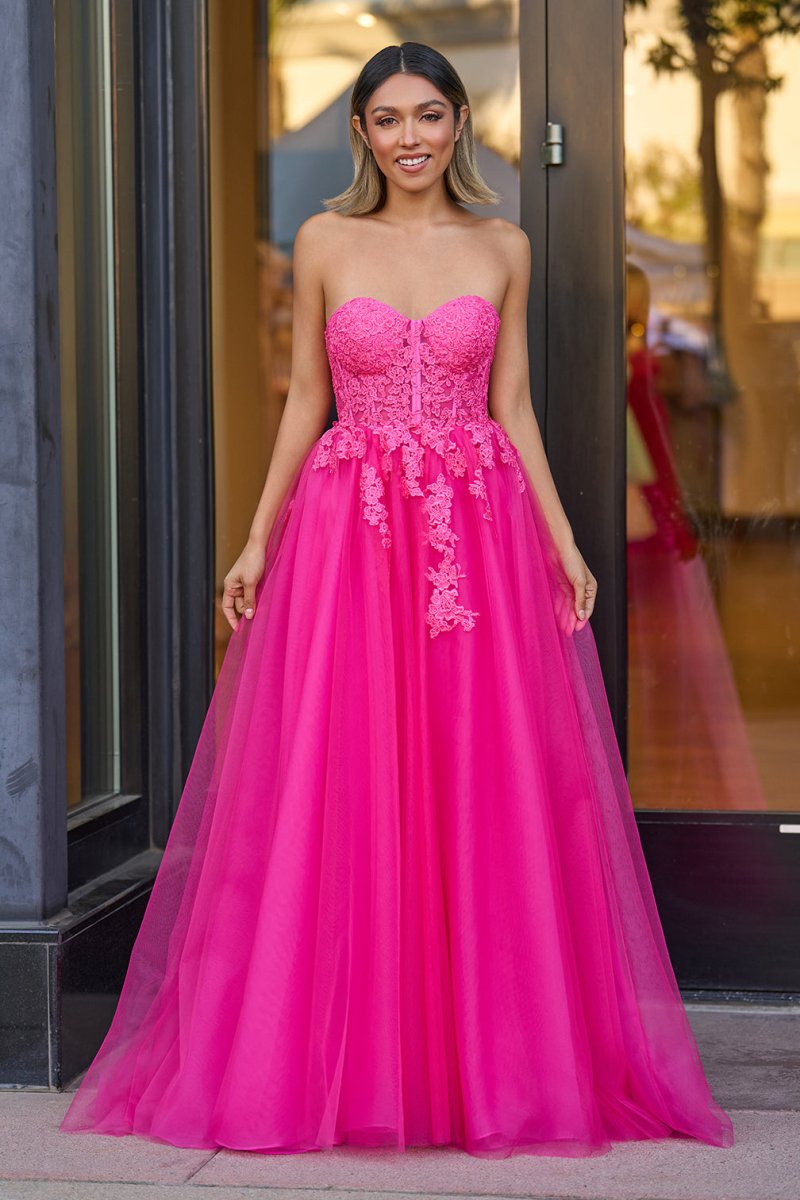 A-Line Hot Pink Tulle Lace Sweetheart Long Prom Dress