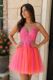 Hot Pink V Neck Straps Appliques Tulle Homecoming Dress