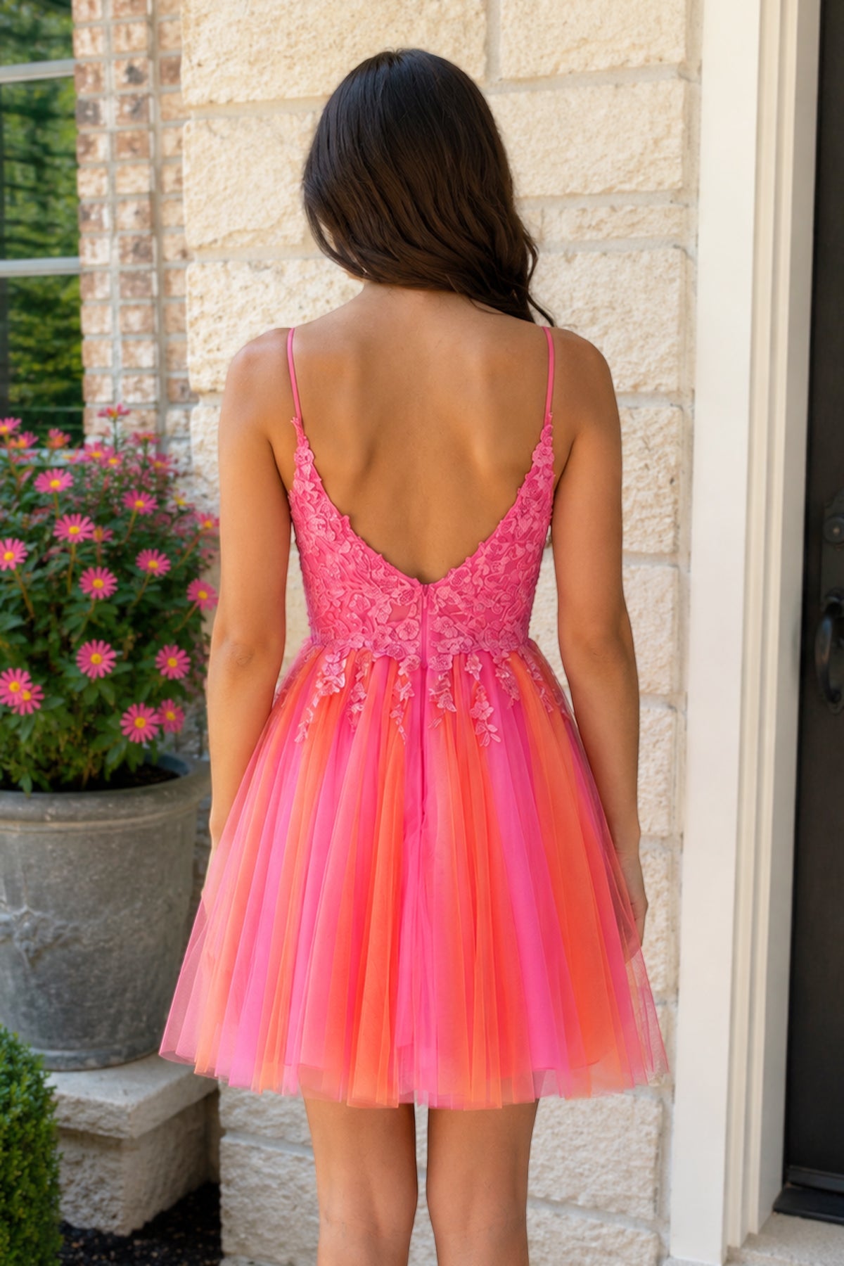 Hot Pink V Neck Straps Appliques Tulle Homecoming Dress