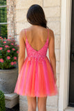 Hot Pink V Neck Straps Appliques Tulle Homecoming Dress