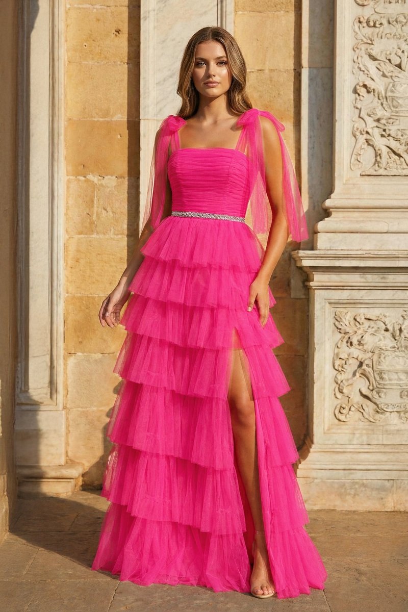 Light Blue Pleated Ruffle Prom Dress with Bow Tie Straps