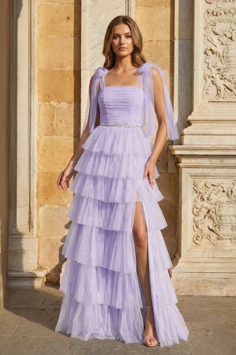 Light Blue Pleated Ruffle Prom Dress with Bow Tie Straps