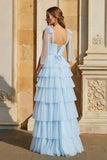 Light Blue Pleated Ruffle Prom Dress with Bow Tie Straps