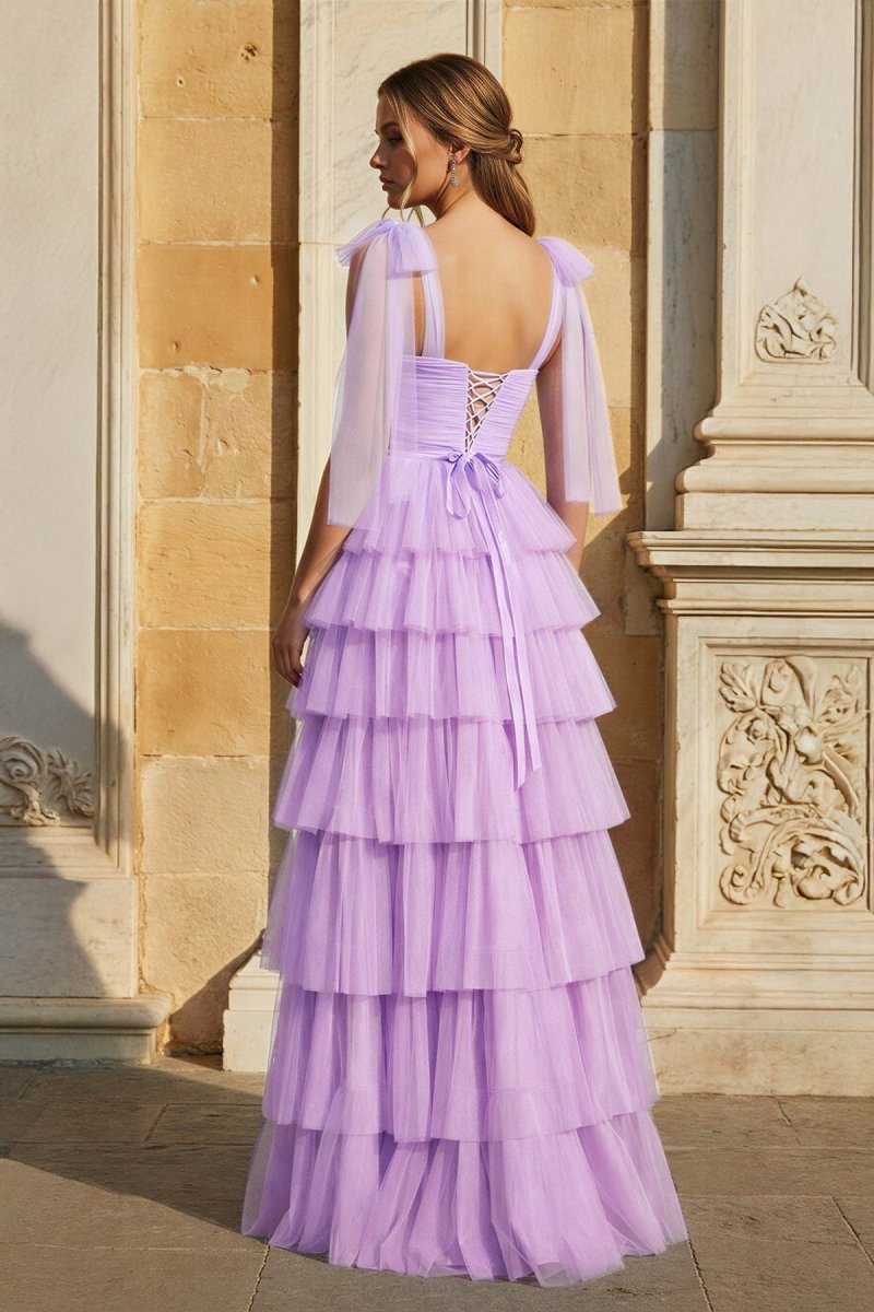 Light Blue Pleated Ruffle Prom Dress with Bow Tie Straps