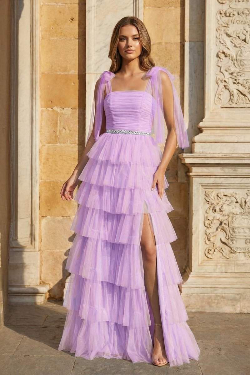 Light Blue Pleated Ruffle Prom Dress with Bow Tie Straps
