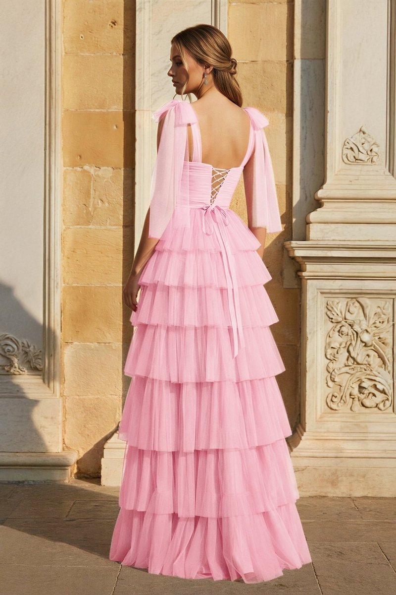 Light Blue Pleated Ruffle Prom Dress with Bow Tie Straps