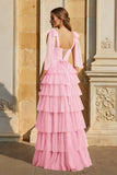 Light Blue Pleated Ruffle Prom Dress with Bow Tie Straps