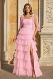 Light Blue Pleated Ruffle Prom Dress with Bow Tie Straps