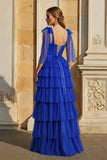 Light Blue Pleated Ruffle Prom Dress with Bow Tie Straps