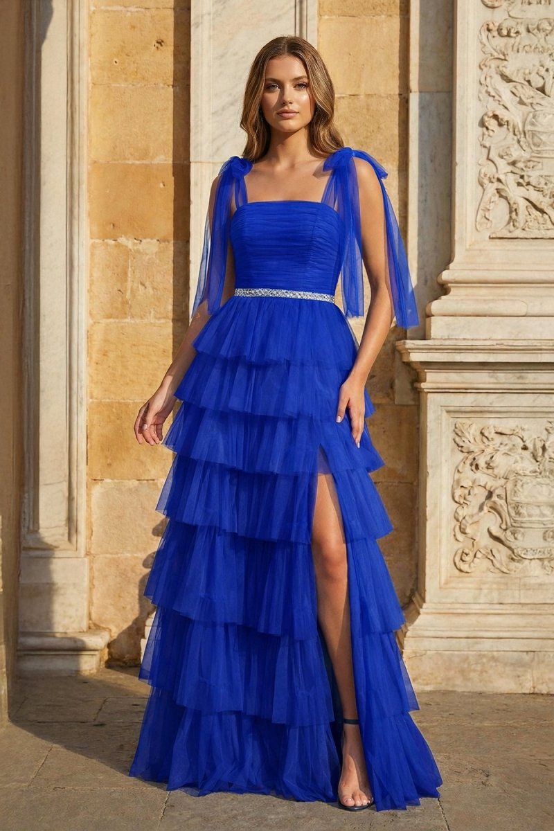 Light Blue Pleated Ruffle Prom Dress with Bow Tie Straps