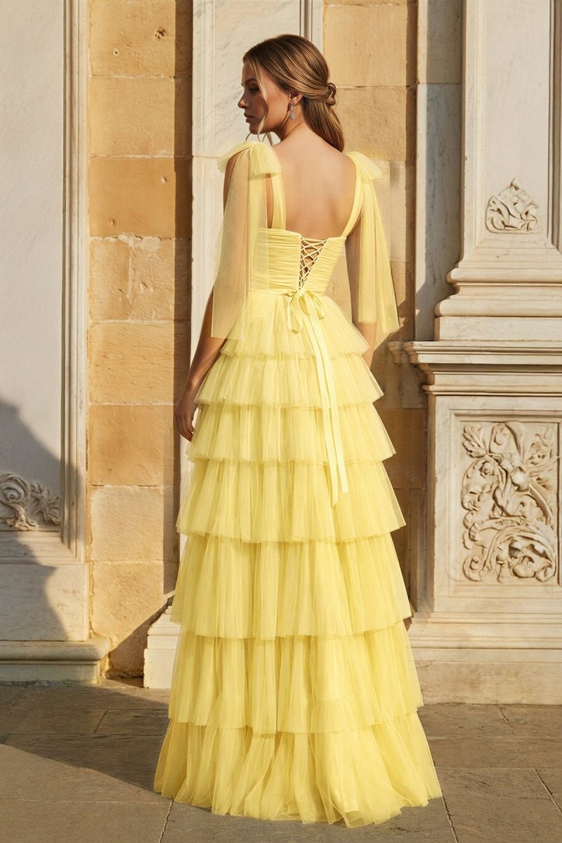 Light Blue Pleated Ruffle Prom Dress with Bow Tie Straps