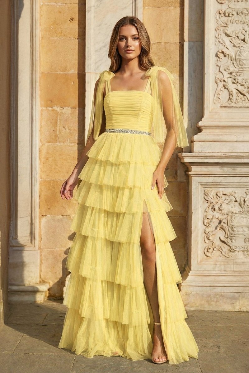 Light Blue Pleated Ruffle Prom Dress with Bow Tie Straps
