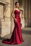 Fuchsia Spaghetti Straps Mermaid Satin Slit Prom Dresses