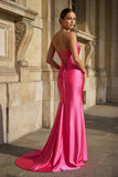 Fuchsia Spaghetti Straps Mermaid Satin Slit Prom Dresses