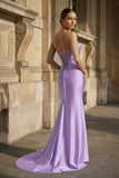Fuchsia Spaghetti Straps Mermaid Satin Slit Prom Dresses