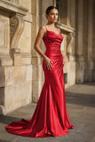 Fuchsia Spaghetti Straps Mermaid Satin Slit Prom Dresses