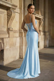 Fuchsia Spaghetti Straps Mermaid Satin Slit Prom Dresses