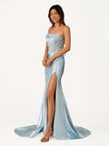 Fuchsia Beaded Strapless Applique Formal Dress with Slit