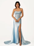 Fuchsia Beaded Strapless Applique Formal Dress with Slit