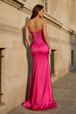 Fuchsia Beaded Strapless Applique Formal Dress with Slit