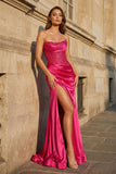 Fuchsia Beaded Strapless Applique Formal Dress with Slit