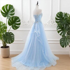 Pastel Blue Fairy Tulle Dress, Enchanting Wedding Dress, Floral Lace Graduation Dress, Dreamy Prom Gown, Strapless Evening Dress, Shiny Gown