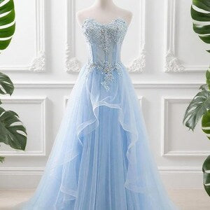Pastel Blue Fairy Tulle Dress, Enchanting Wedding Dress, Floral Lace Graduation Dress, Dreamy Prom Gown, Strapless Evening Dress, Shiny Gown