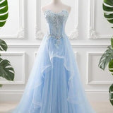 Pastel Blue Fairy Tulle Dress, Enchanting Wedding Dress, Floral Lace Graduation Dress, Dreamy Prom Gown, Strapless Evening Dress, Shiny Gown