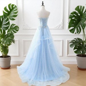 Pastel Blue Fairy Tulle Dress, Enchanting Wedding Dress, Floral Lace Graduation Dress, Dreamy Prom Gown, Strapless Evening Dress, Shiny Gown