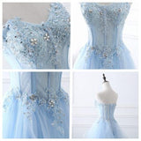 Pastel Blue Fairy Tulle Dress, Enchanting Wedding Dress, Floral Lace Graduation Dress, Dreamy Prom Gown, Strapless Evening Dress, Shiny Gown