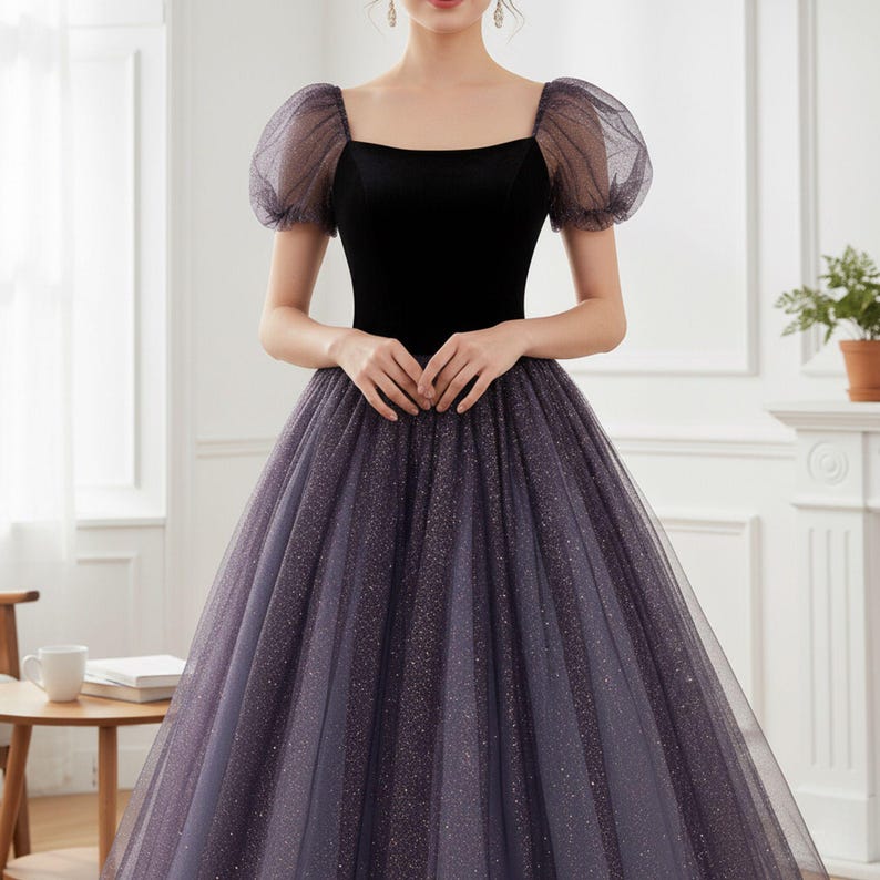 Fairy Purple Short Sleeves Tulle Prom Dress,Princess Dress,Evening Gowns,Cocktail Dress,Maxi Dress,Christmas Gowns,Sequins Dress,Ball Gowns