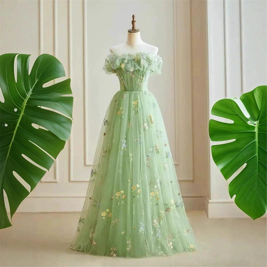 Forest Green Ruffle Dress, Off Shoulder Wedding Party Guest Prom Dress, Tulle Corset Midi Dress, Cottageecore Gown, Fairytale Evening Dress