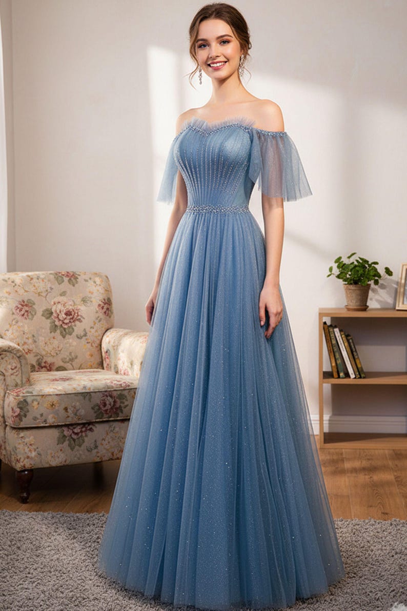 Blue Off Shoulder Prom Dress,Evening Ball Gowns,Cocktail Dress,Maxi Dress,Christmas Gowns,Formal Prom Dress,Princess Dress,Tulle Ball Gowns