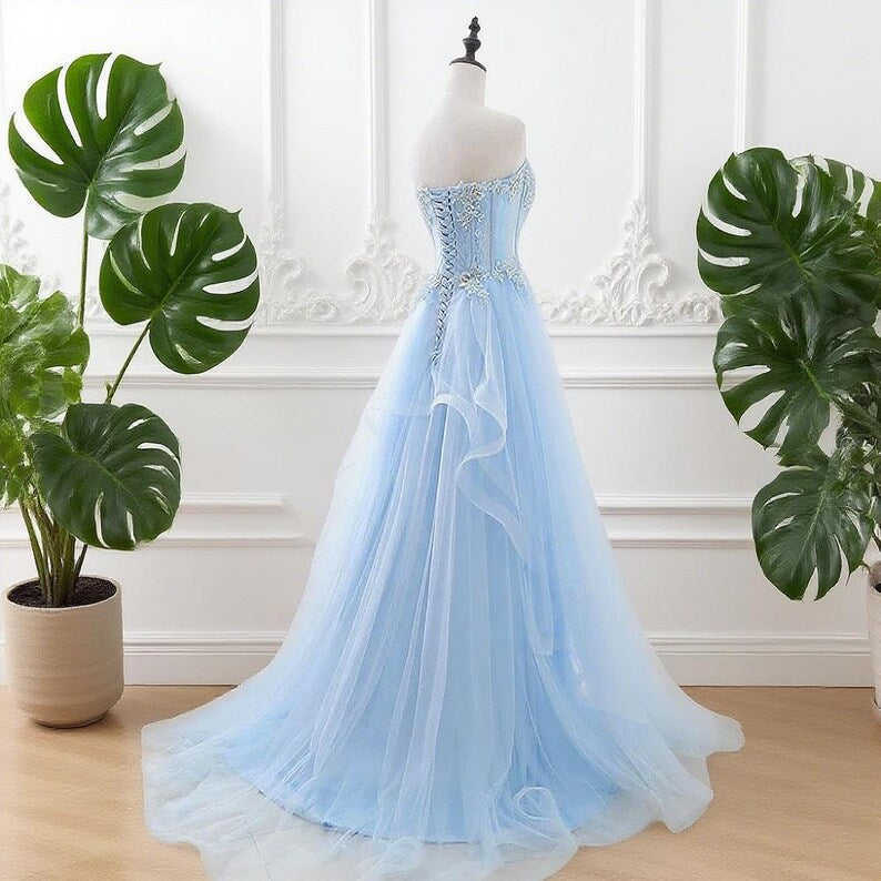 Pastel Blue Fairy Tulle Dress, Enchanting Wedding Dress, Floral Lace Graduation Dress, Dreamy Prom Gown, Strapless Evening Dress, Shiny Gown