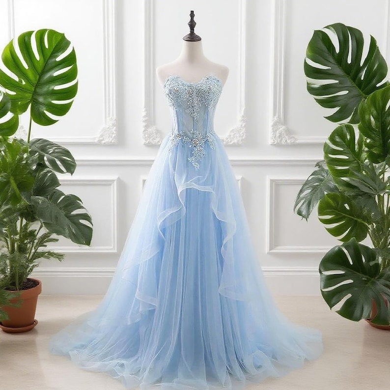 Pastel Blue Fairy Tulle Dress, Enchanting Wedding Dress, Floral Lace Graduation Dress, Dreamy Prom Gown, Strapless Evening Dress, Shiny Gown