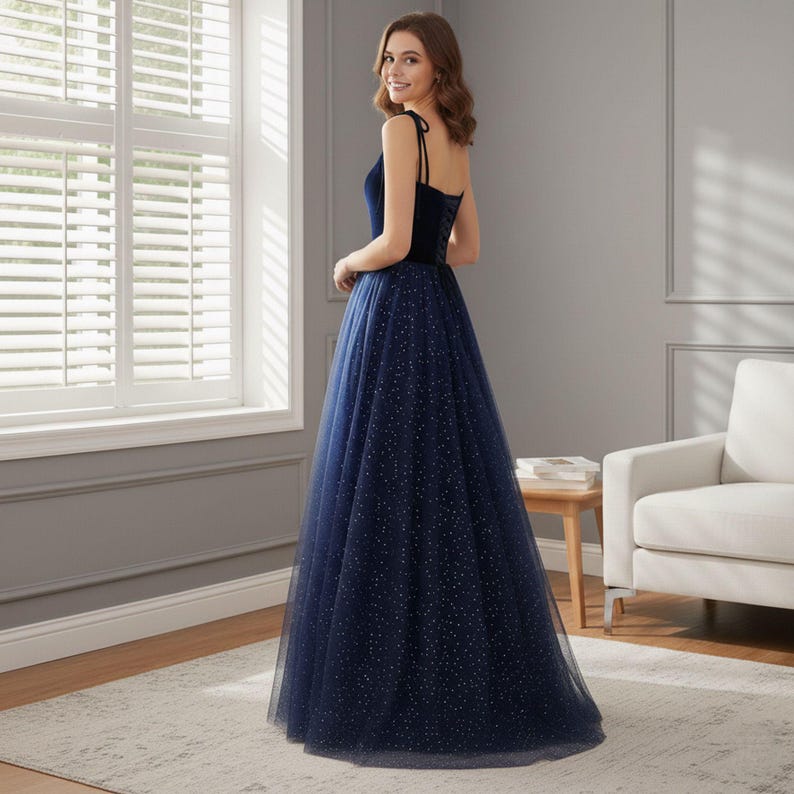 Blue Straps Tulle Prom Gown,Evening Ball Gown,Cocktail Dress,Maxi Dress,Christmas Gowns,Formal Event Prom Dress,Birthday Gowns,Elegant Dress