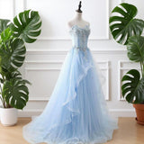 Pastel Blue Fairy Tulle Dress, Enchanting Wedding Dress, Floral Lace Graduation Dress, Dreamy Prom Gown, Strapless Evening Dress, Shiny Gown