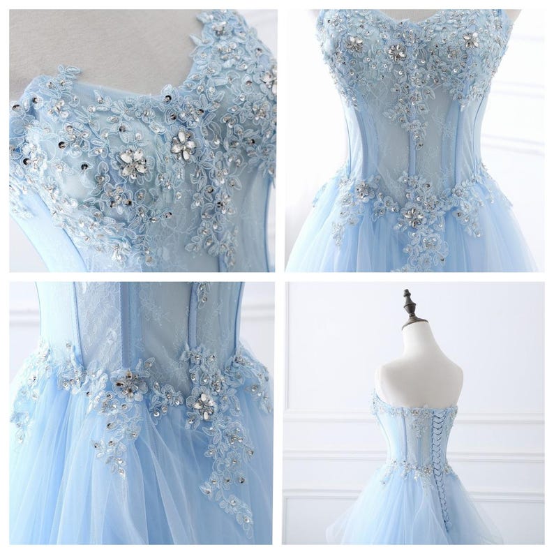 Pastel Blue Fairy Tulle Dress, Enchanting Wedding Dress, Floral Lace Graduation Dress, Dreamy Prom Gown, Strapless Evening Dress, Shiny Gown