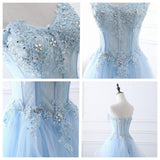 Pastel Blue Fairy Tulle Dress, Enchanting Wedding Dress, Floral Lace Graduation Dress, Dreamy Prom Gown, Strapless Evening Dress, Shiny Gown