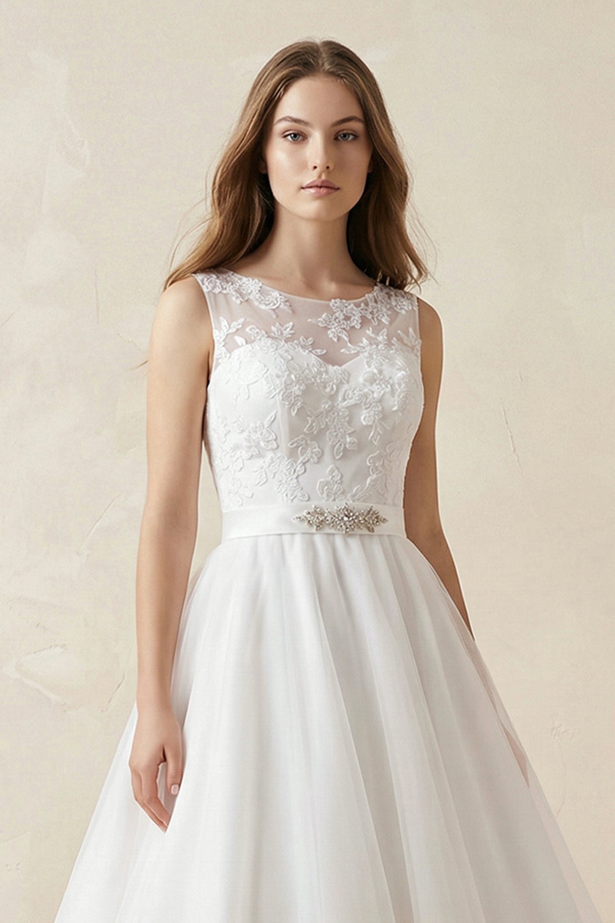 Illusion Neck A-Line Tulle Appliqued Midi Wedding Dress With Bow in White