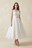 Illusion Neck A-Line Tulle Appliqued Midi Wedding Dress With Bow in White