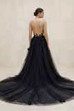 Sexy Black Lace Appliques Sleeveless Tulle Backless Wedding Dresses with Veil