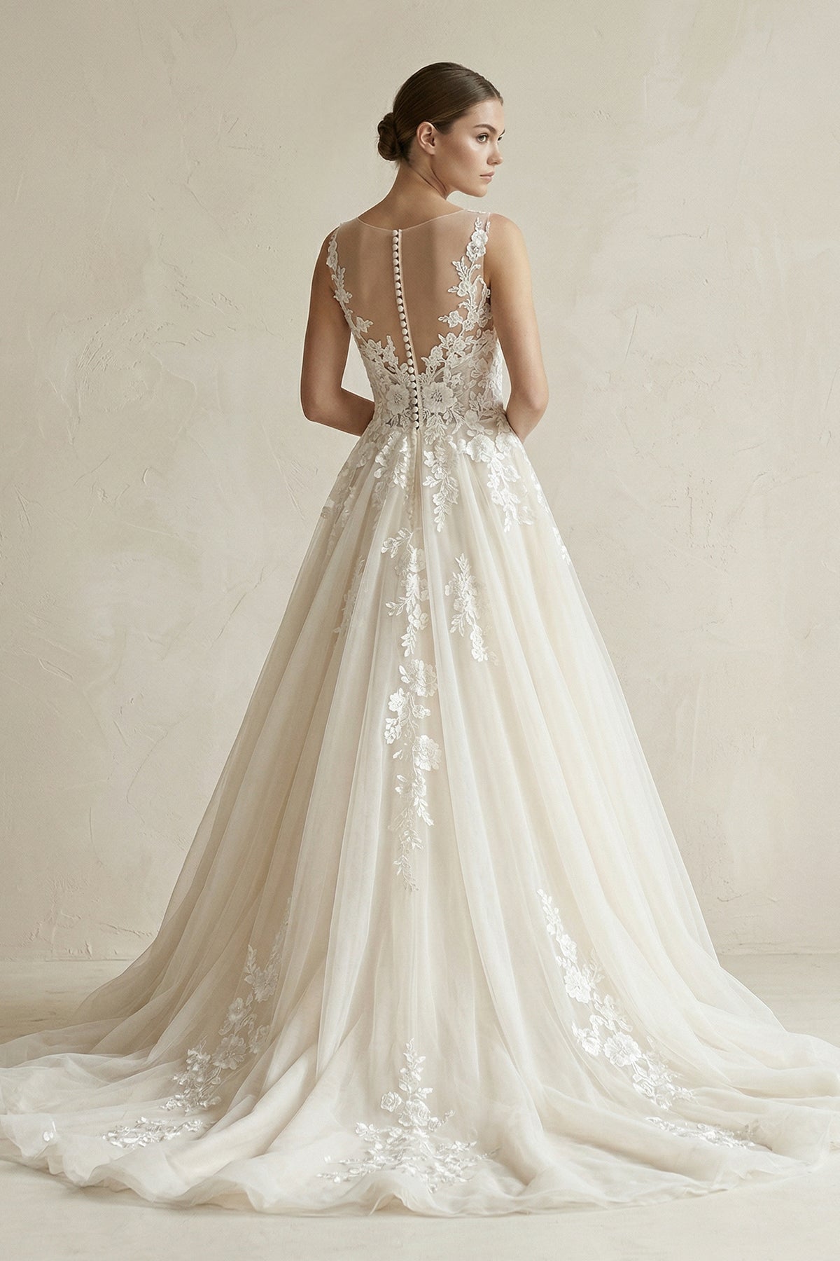 Illusion Neck Appliqued Tulle Wedding Gown in White