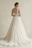 Illusion Neck Appliqued Tulle Wedding Gown in White