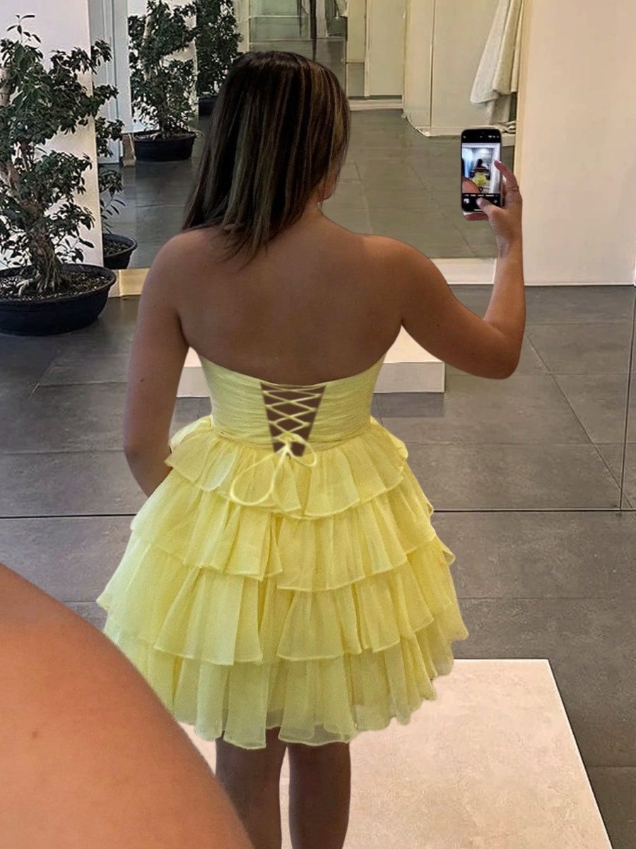Yellow Strapless A Line Chiffon Ruffled Cocktail Dresses With Bow