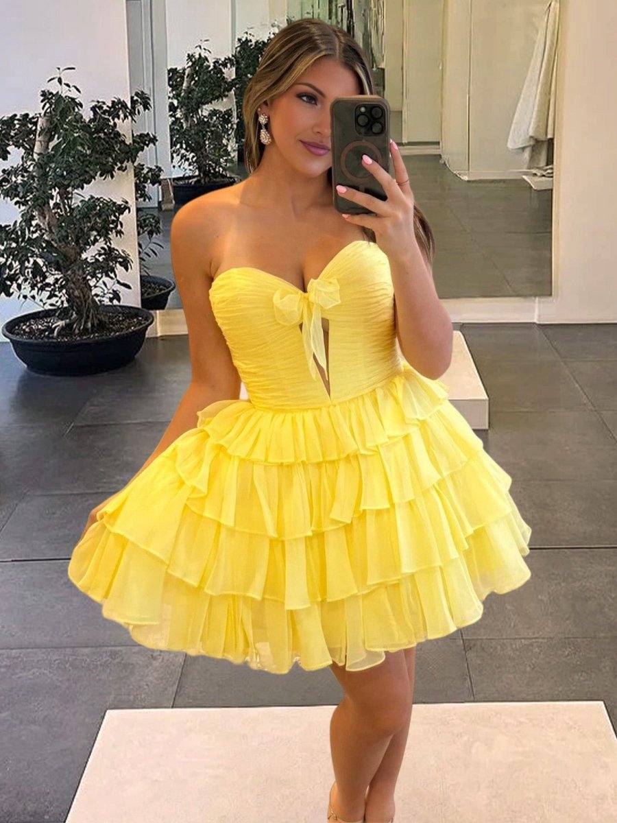 Yellow Strapless A Line Chiffon Ruffled Cocktail Dresses With Bow