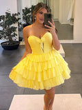 Yellow Strapless A Line Chiffon Ruffled Cocktail Dresses With Bow
